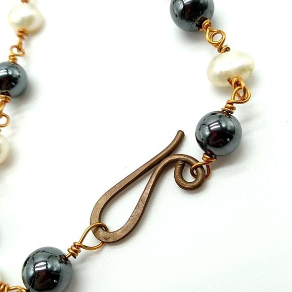 Artisan Brass Copper Wire Wrapped Agate Gemstone White fresh Water &Black Pearls - Picture 6 of 12